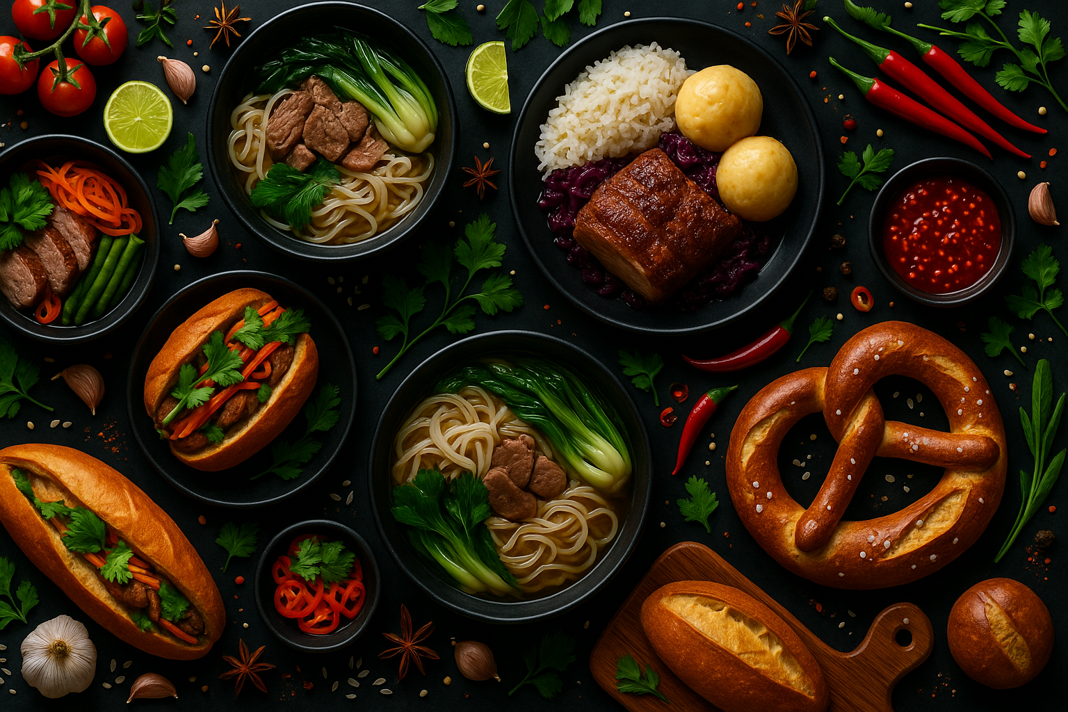 Deutsch-vietnamesische Speisen, frische Kräuter und Gewürze auf dunkler Tafel